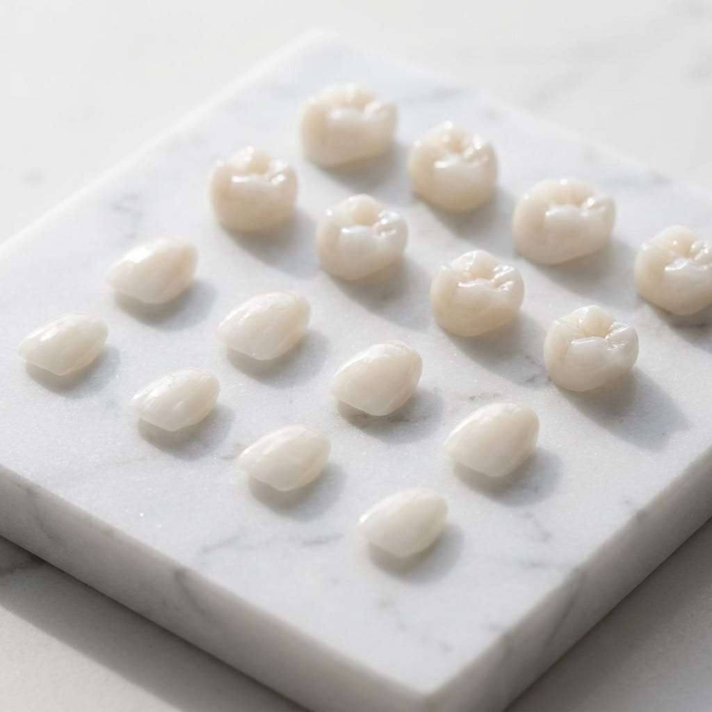 Faccette e corone in ceramica disposte su una superficie di marmo